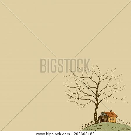 stylized landscape with a house on the hill Hand drawn stylevector background illustration