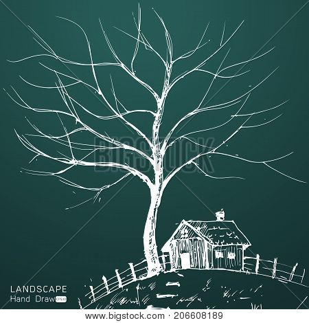 stylized landscape with a house on the hill Hand drawn stylevector background illustration