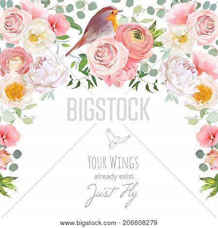 Semicircle garland frame with wild rose, peony, pink ranunculus, peachy carnation, green plants and small robin bird. Cute wedding floral vector design. All elements are isolated and editable.