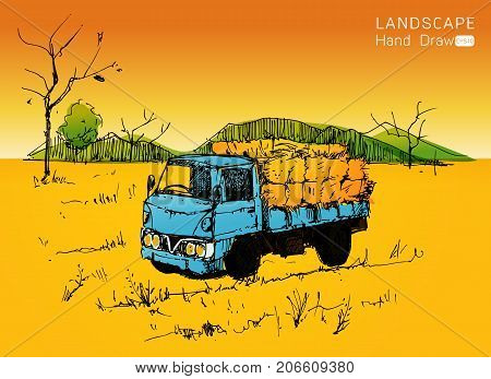 Farm tractor with wagons transporting hay Hand drawn styleVector illustration