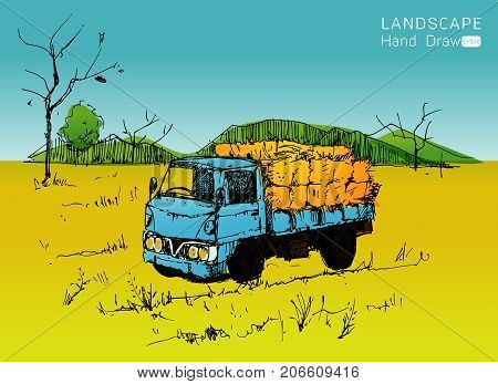 Farm tractor with wagons transporting hay Hand drawn styleVector illustration
