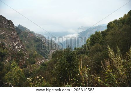 A beautiful morning landscape of mountain in the mountain gorge in the autumn