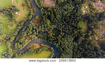 Aerial view of river bend through forest. Rinza near Kocevje, Slovenia.