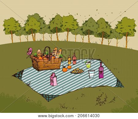 Outdoor picnic in park Hand drawn stylevector background illustration