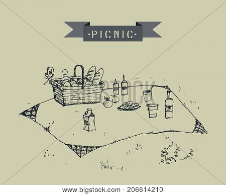 Outdoor picnic in park Hand drawn stylevector background illustration