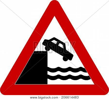 Warning sign with unprotected quayside or riverbank symbol