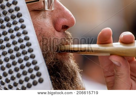 Jewish hasid blows Shofar. Uman Ukraine - 21 September 2017: Rosh Hashanah Jewish New Year.