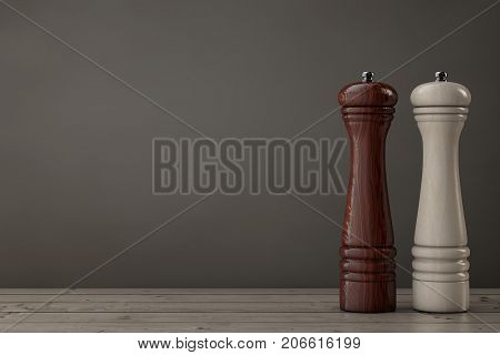 Wooden Perrer or Salt Grinder Mills on a wooden table. 3d Rendering