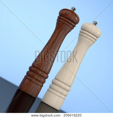 Wooden Perrer or Salt Grinder Mills on a blue background. 3d Rendering