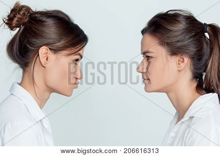 Studio profile portrait of young female twins sisters on gray