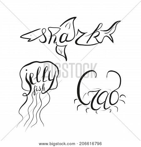 Lettering shark jellyfish crab. Vector illustration. Handwritten Logo