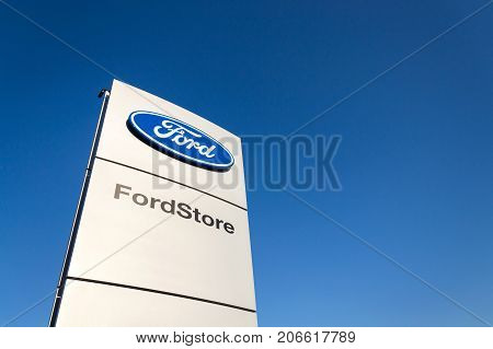 Prague, Czech Republic - September 29: Ford Motor Company Logo On Dealership Building On September 2