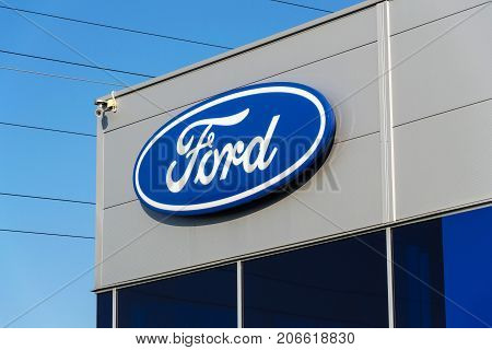 Prague, Czech Republic - September 29: Ford Motor Company Logo On Dealership Building On September 2