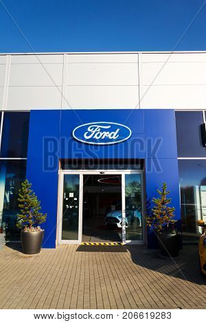 Prague, Czech Republic - September 29: Ford Motor Company Logo On Dealership Building On September 2