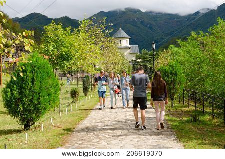 MONASTERY OF MORACA MONTENEGRO - SEPTEMBER 12 2017: Unknown tourists go to famous monastery of Moraca Montenegro
