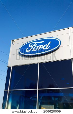 Prague, Czech Republic - September 29: Ford Motor Company Logo On Dealership Building On September 2