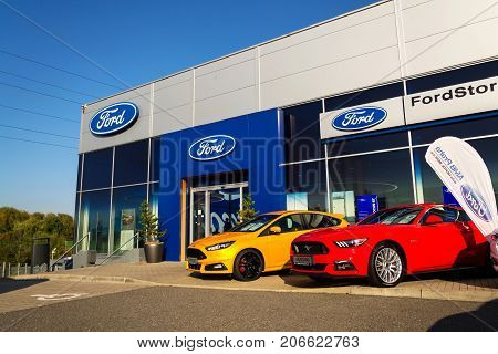 Prague, Czech Republic - September 29: Cars In Front Of Ford Motor Company Dealership Building On Se
