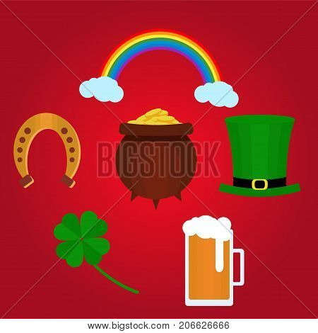 Designe elements for St. Patricks Day with shamrock, green hat, beer and pot with coins. Vector. Flat. Could be used for St. Patricks Day cards, invitations.