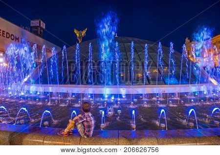 KIEV UKRAINE - JUNE 05 : The fountains on Maidan Nezalezhnosti in Kiev Ukraine on 05 June 2017 it is light and music fountain complex opend on May 01 2017