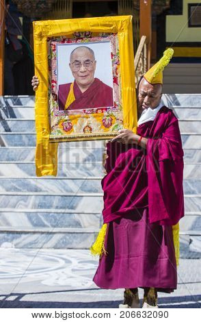 LEH INDIA - SEPTEMBER 20 2017: Buddhist Tibeti monk Participates in the Ladakh Festival in Leh India on September 20 2017
