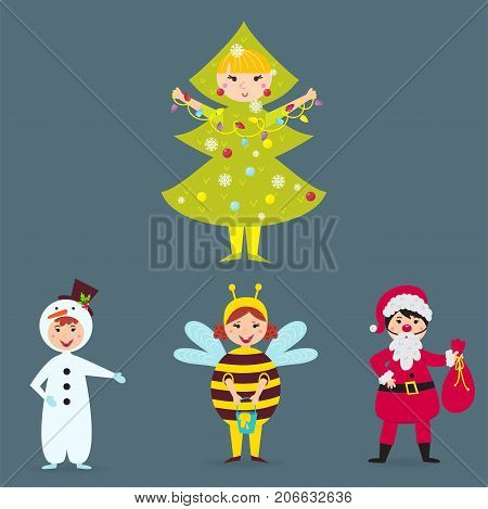 Cute kids wearing Christmas costumes vector characters little people isolated cheerful children holidays illustration.