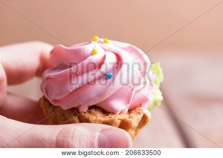 pink cupcake in a hand. close up