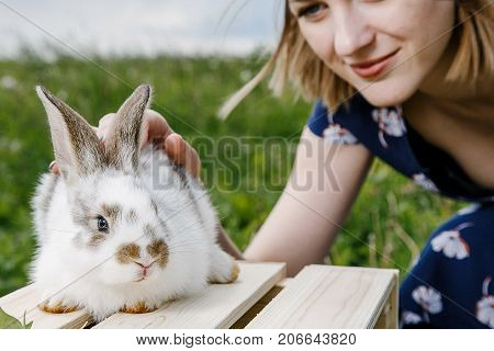Young girl with a little rabbit. A woman holds a rabbit in her arms. Pets on a green field with a girl. Fluffy home-loving ones in the arms of a happy owner.
