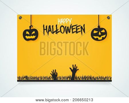 Happy Halloween Poster. Pumpkins under the moonlight. Hands zombies from the ground. Vector illustration.