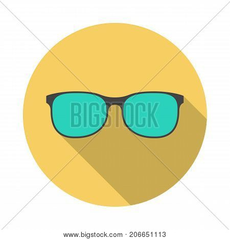 Glasses circle icon with long shadow. Flat design style. Glasses simple silhouette. Modern minimalist round icon in stylish colors. Web site page and mobile app design vector element.