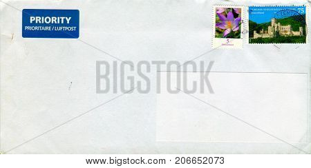 GOMEL, BELARUS - AUGUST 12, 2017: Old envelope which was dispatched from Germany to Gomel, Belarus, August 12, 2017. 