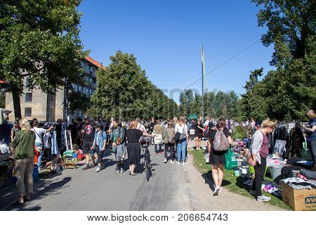 Copenhagen, Denmark - September 03, 2017: People at a flea market in Stefansgade in Norrebro district