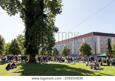 Copenhagen, Denmark - September 03, 2017: People at a flea market in Stefansgade in Norrebro district