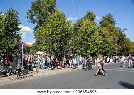 Copenhagen, Denmark - September 03, 2017: People at a flea market in Stefansgade in Norrebro district