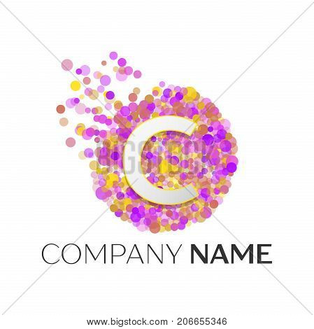 Realistic Letter C logo with red, purle, yellow particles and bubble dots in circle on white background. Vector template for your design