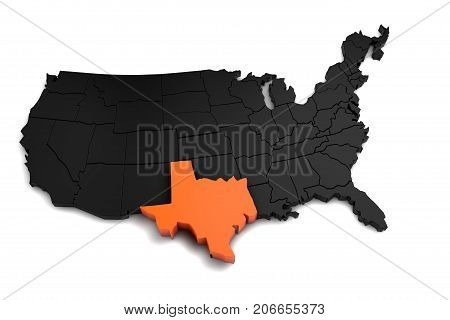 United States of America, 3d black map, with Texas state highlighted in orange. 3d render