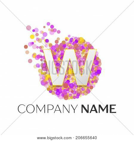 Realistic Letter W logo with red, purle, yellow particles and bubble dots in circle on white background. Vector template for your design