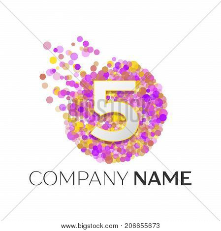 Realistic Number five logo with red, purle, yellow particles and bubble dots in circle on white background. Vector template for your design