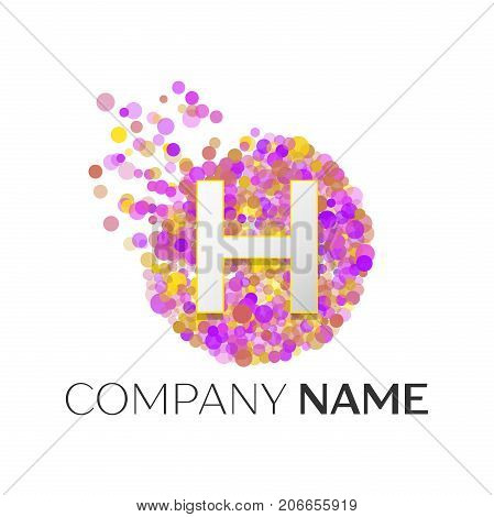 Realistic Letter H logo with red, purle, yellow particles and bubble dots in circle on white background. Vector template for your design