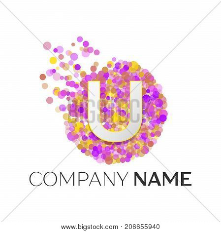 Realistic Letter U logo with red, purle, yellow particles and bubble dots in circle on white background. Vector template for your design