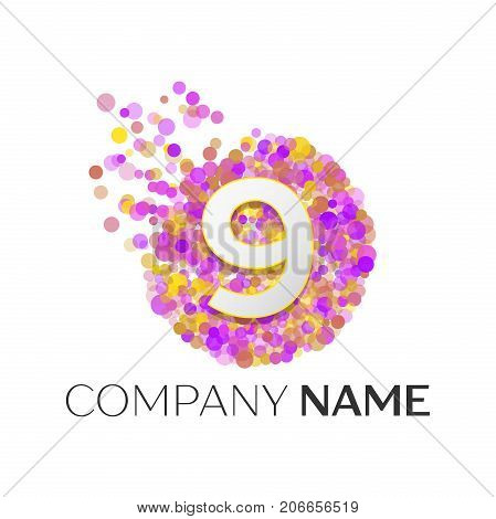Realistic Number nine logo with red, purle, yellow particles and bubble dots in circle on white background. Vector template for your design