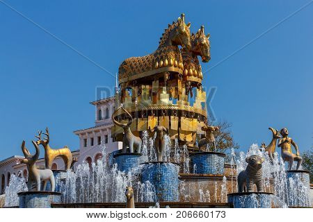 View of the Colchis fountain at dawn. Kutaisi. Georgia.