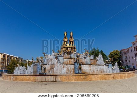 View of the Colchis fountain at dawn. Kutaisi. Georgia.