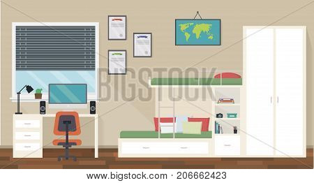 Modern teenager room interior design with trendy workspace for homework: table, chair, map, lamp, computer, stationery and bunk bed. Flat style vector illustration.