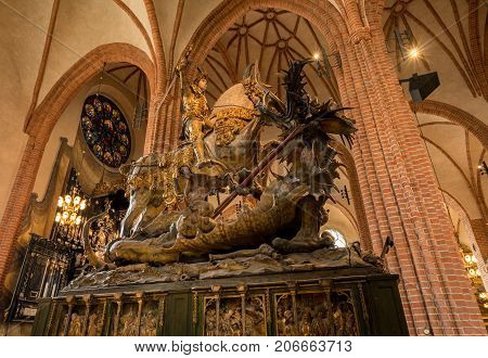 STOCKHOLM, SWEDEN - SEPTEMBER 9: Statue of St George and Dragon on September 9, 2017 in Stockholm, Sweden. The statue was carved in 1489