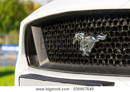 Prague, Czech Republic - September 29: Ford Mustang Car In Front Of Ford Motor Company Dealership Bu