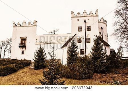 Beautiful chateau Strazky Slovak republic. Cultural heritage. Yellow photo filter. Architectural theme.
