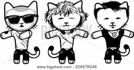 Detailed vector art with modern fashionable dressed cats.
