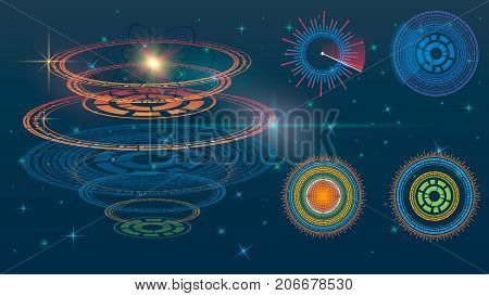 Futuristic interface hud design, infographic elements like scanning graph, warning arrow and bar regulator, fingerprint or dactylogram pass, molecule hologram.Tech and science, analysis theme