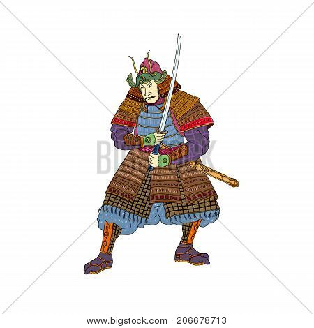 Vintage Woodblock style illustration of a Japanese samurai warrior wearing kabuto helmet with katana sword in fighting stance on isolated background.