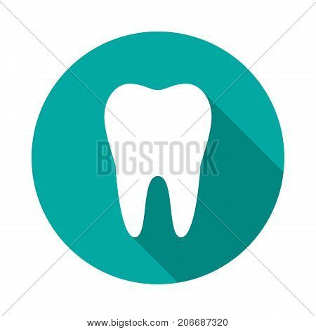 Tooth circle icon with long shadow. Flat design style. Tooth simple silhouette. Modern minimalist round icon in stylish colors. Web site page and mobile app design vector element.